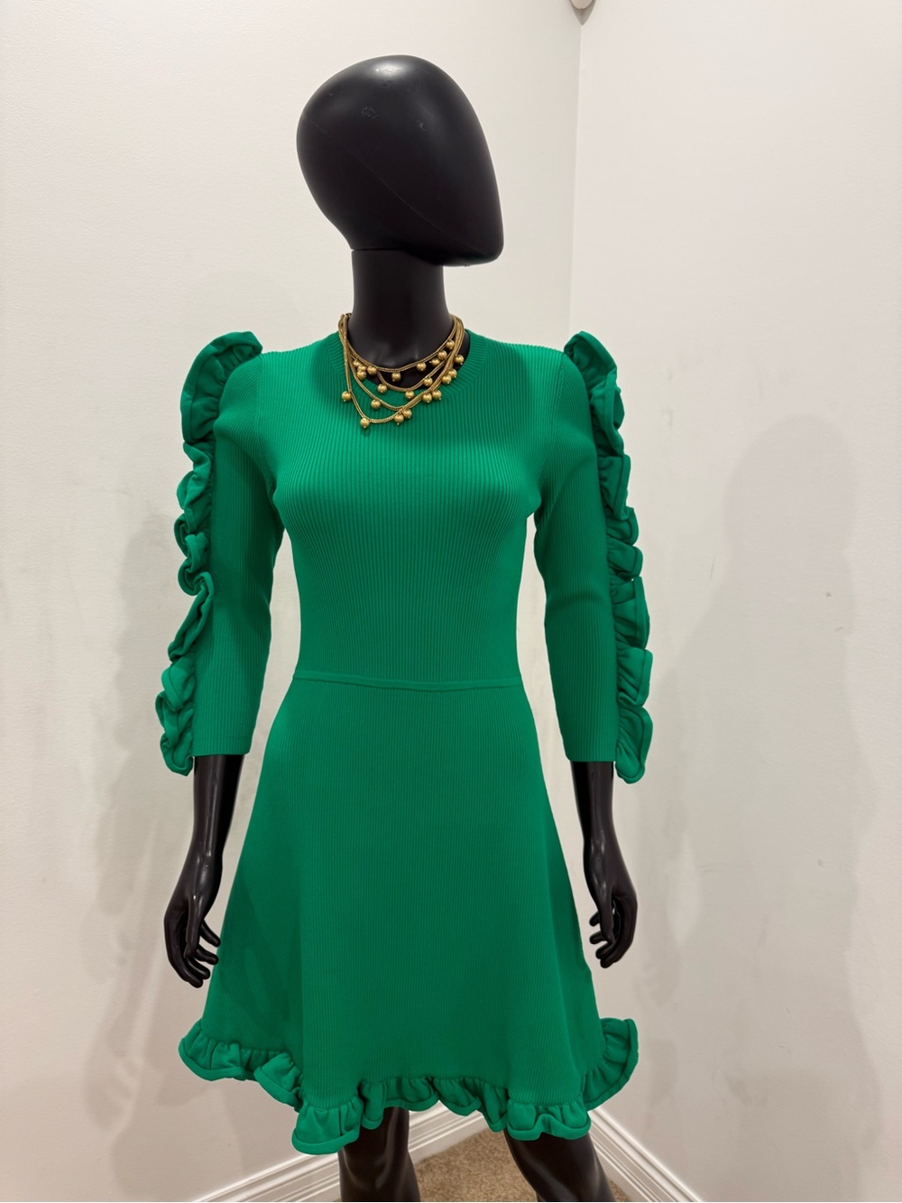 Victoria Beckham Emerald Green Ruffle Ribbed Knit Mini Dress US 4 NEW